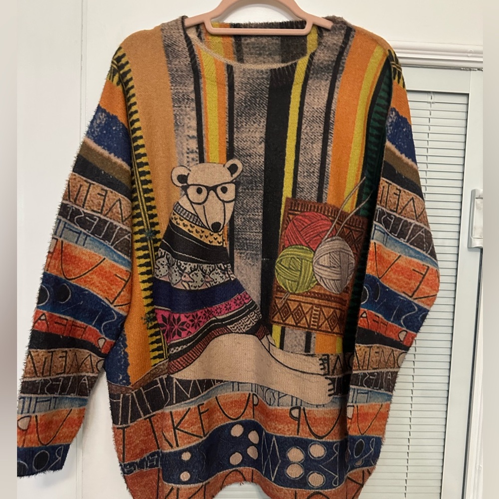 GUNEST Sloth Graphic Oversized Boho Wool Crew Neck Printed Sweater NWOT Medium